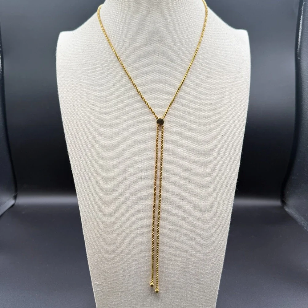 Gold Tone Adjustable Bolo Lariat Necklace Box Chain Tassel Minimalist Jewelry